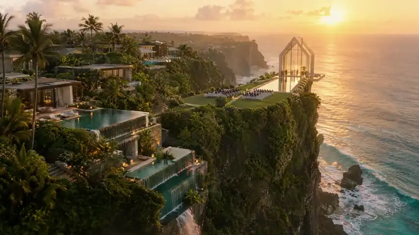 A glass wedding chapel on a clifftop above the ocean at golden hour, composed by ICE