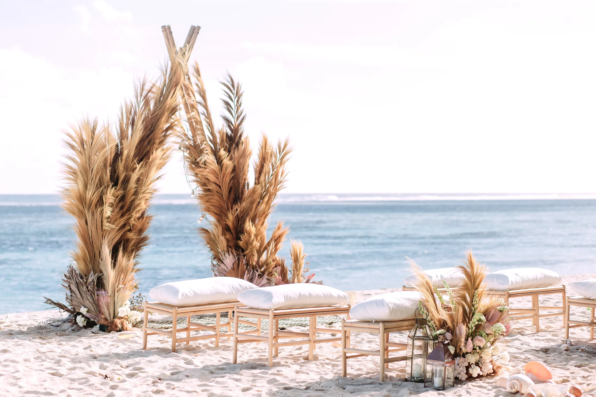 Pampas grass ceremony arch and lounge seating on the beach, overlooking the ocean